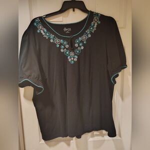 Black Top with Teal Embroidery